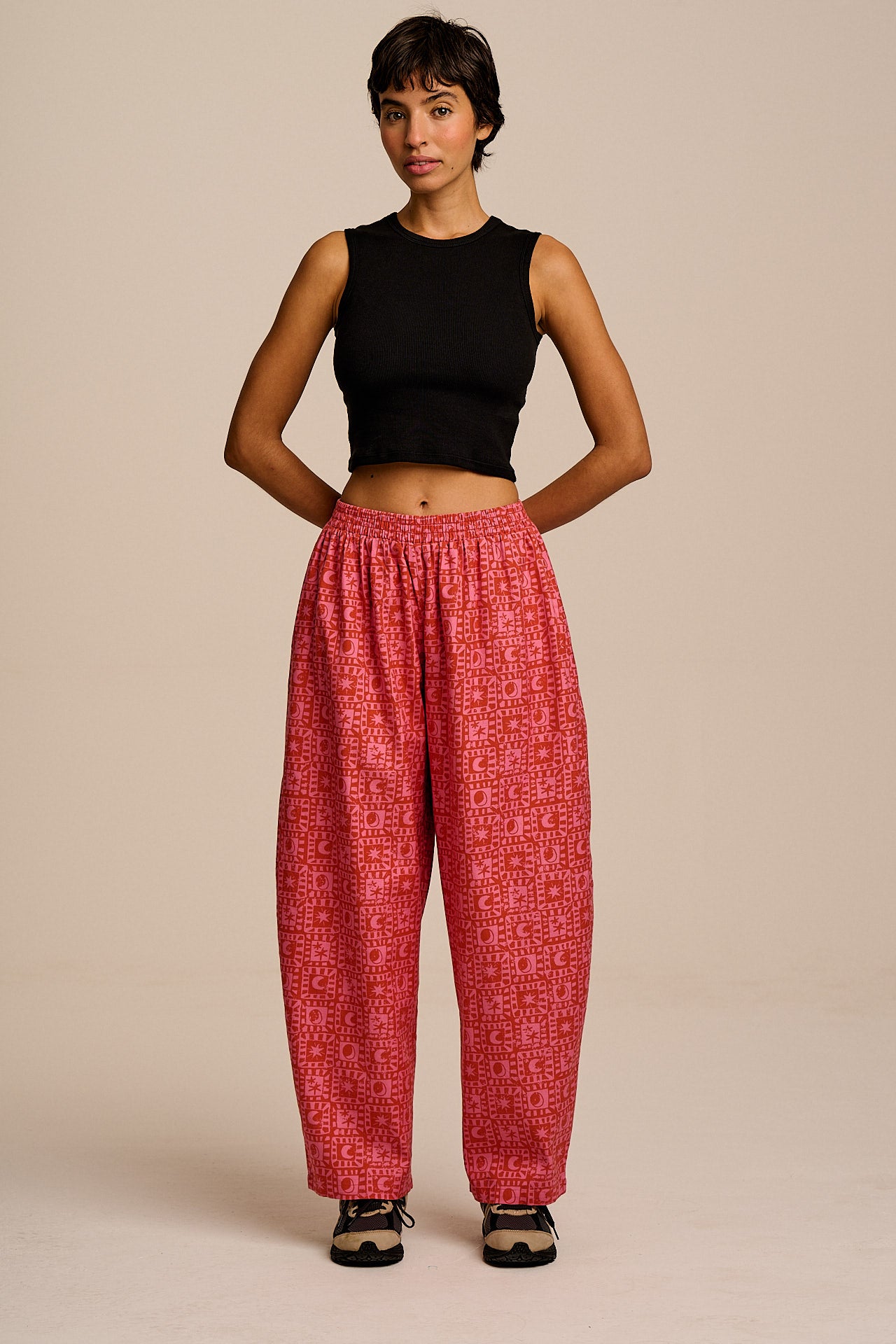 Freddie - Barrel Leg Cotton Trousers in Pink & Red Lunar Checkerboard