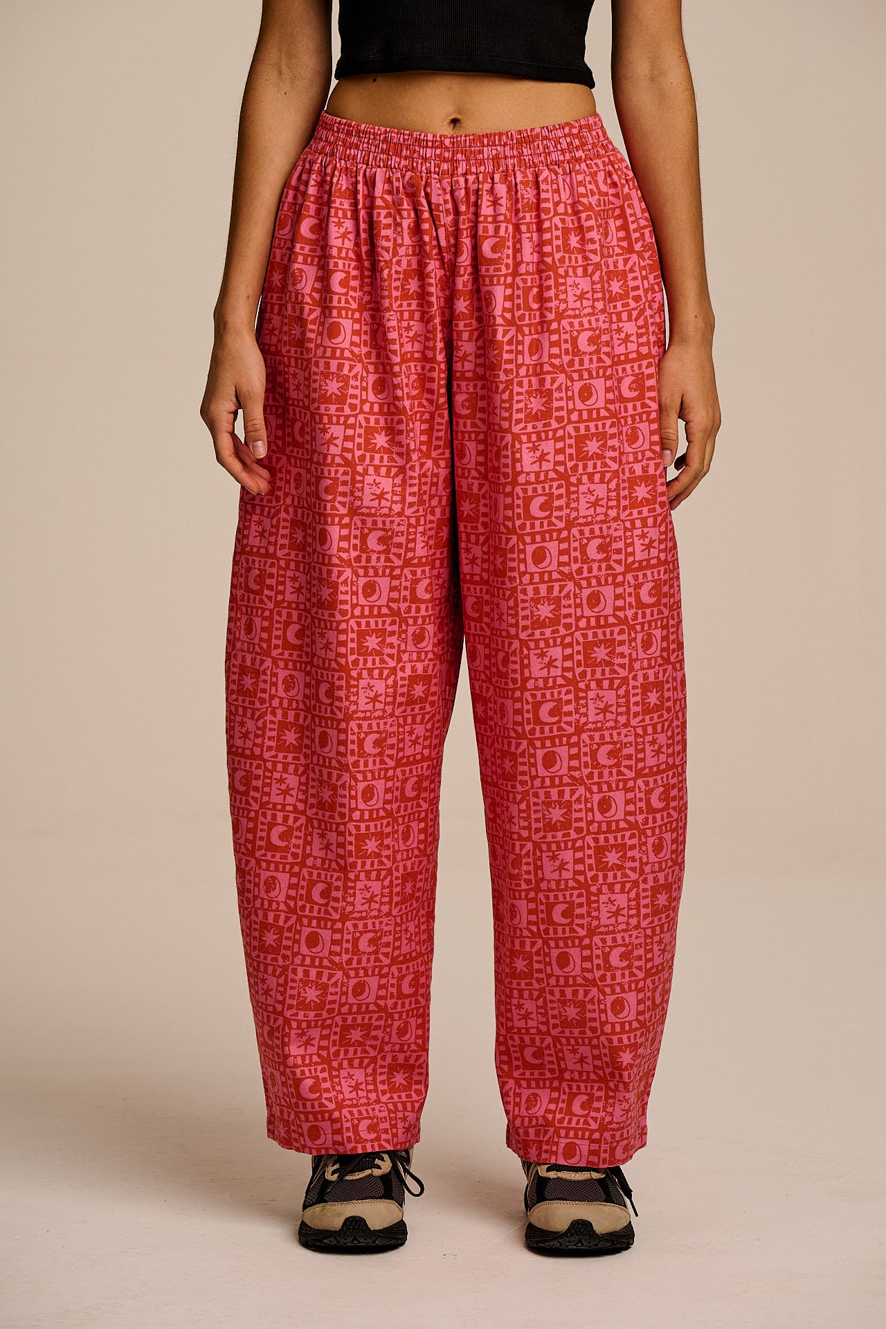 Freddie - Barrel Leg Cotton Trousers in Pink & Red Lunar Checkerboard