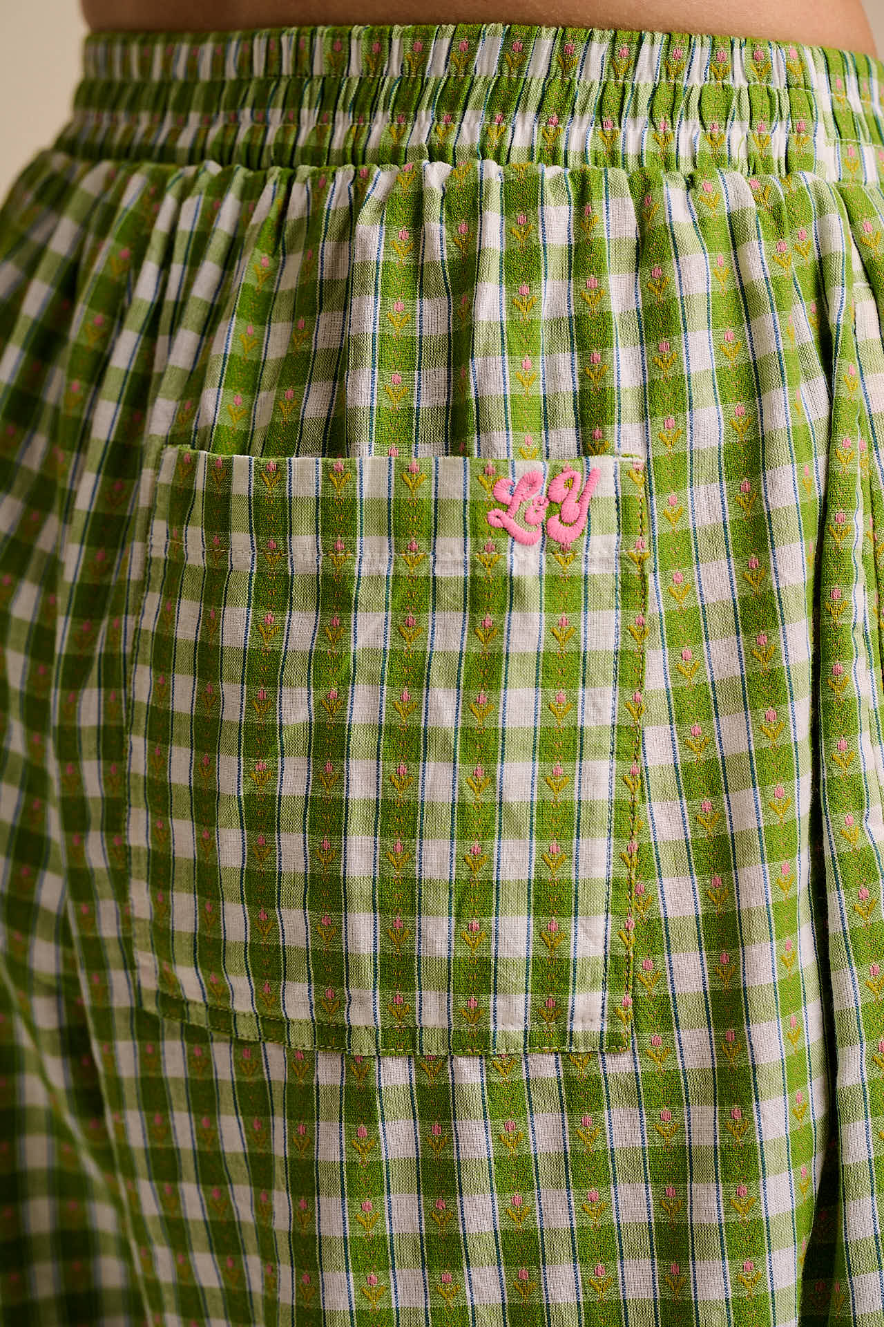 Freddie - Barrel Leg Cotton Trousers in Green & White Tulip Gingham