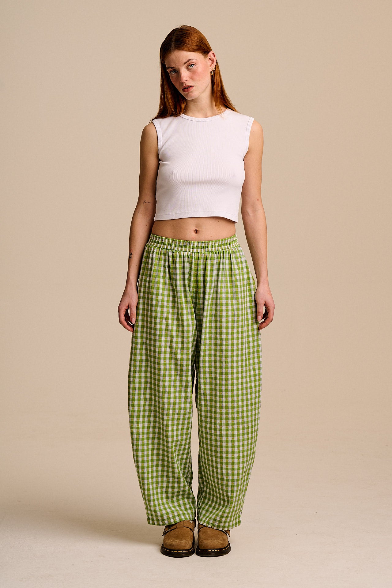 Freddie - Barrel Leg Cotton Trousers in Green & White Tulip Gingham