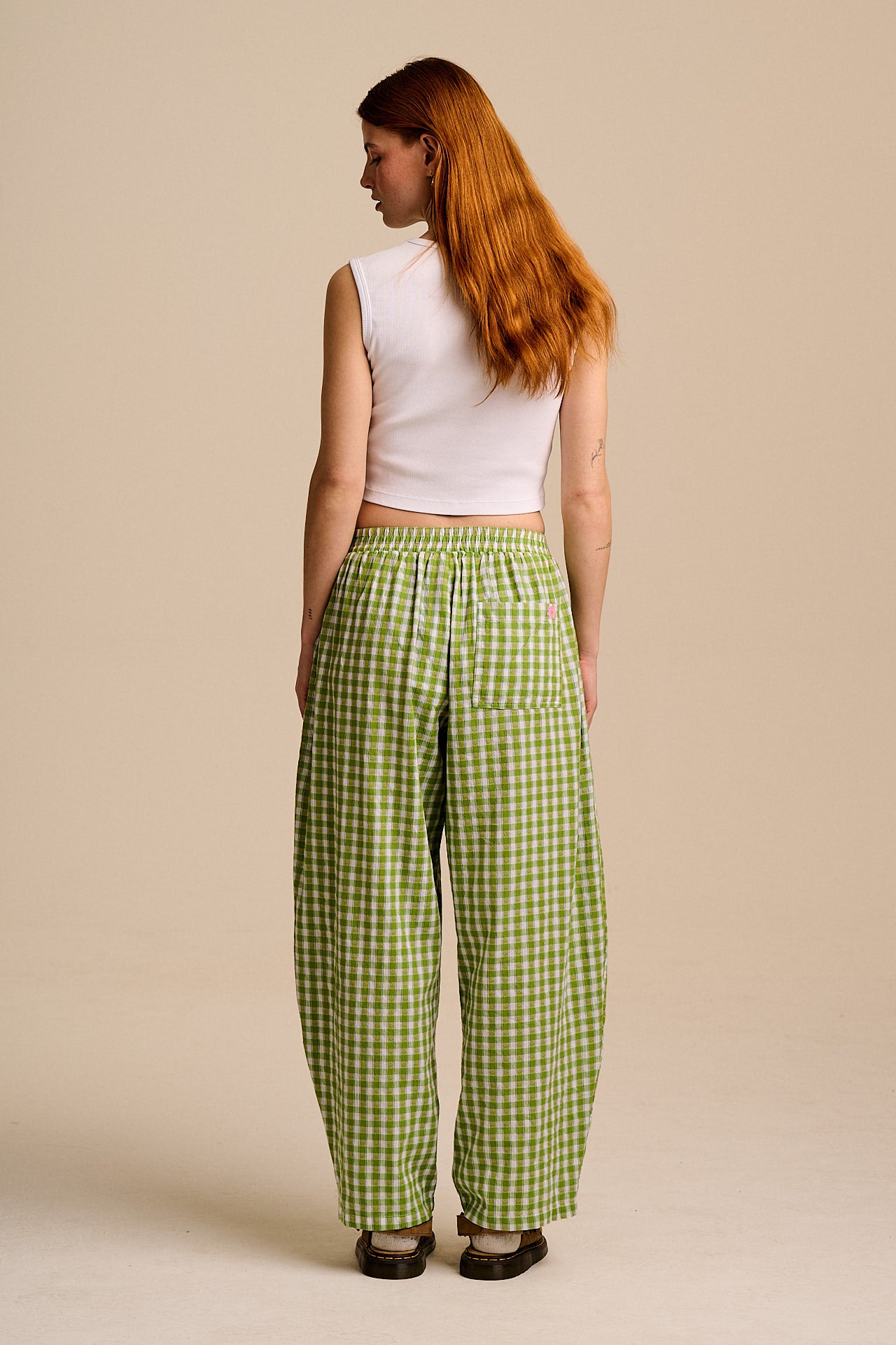 Freddie - Barrel Leg Cotton Trousers in Green & White Tulip Gingham