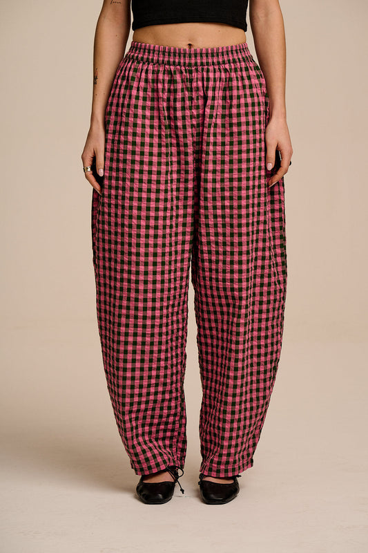 Freddie - Barrel Leg Cotton Trousers in Pink & Green Gingham