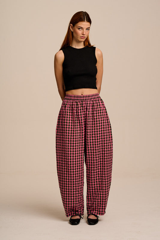Freddie - Barrel Leg Cotton Trousers in Pink & Green Gingham