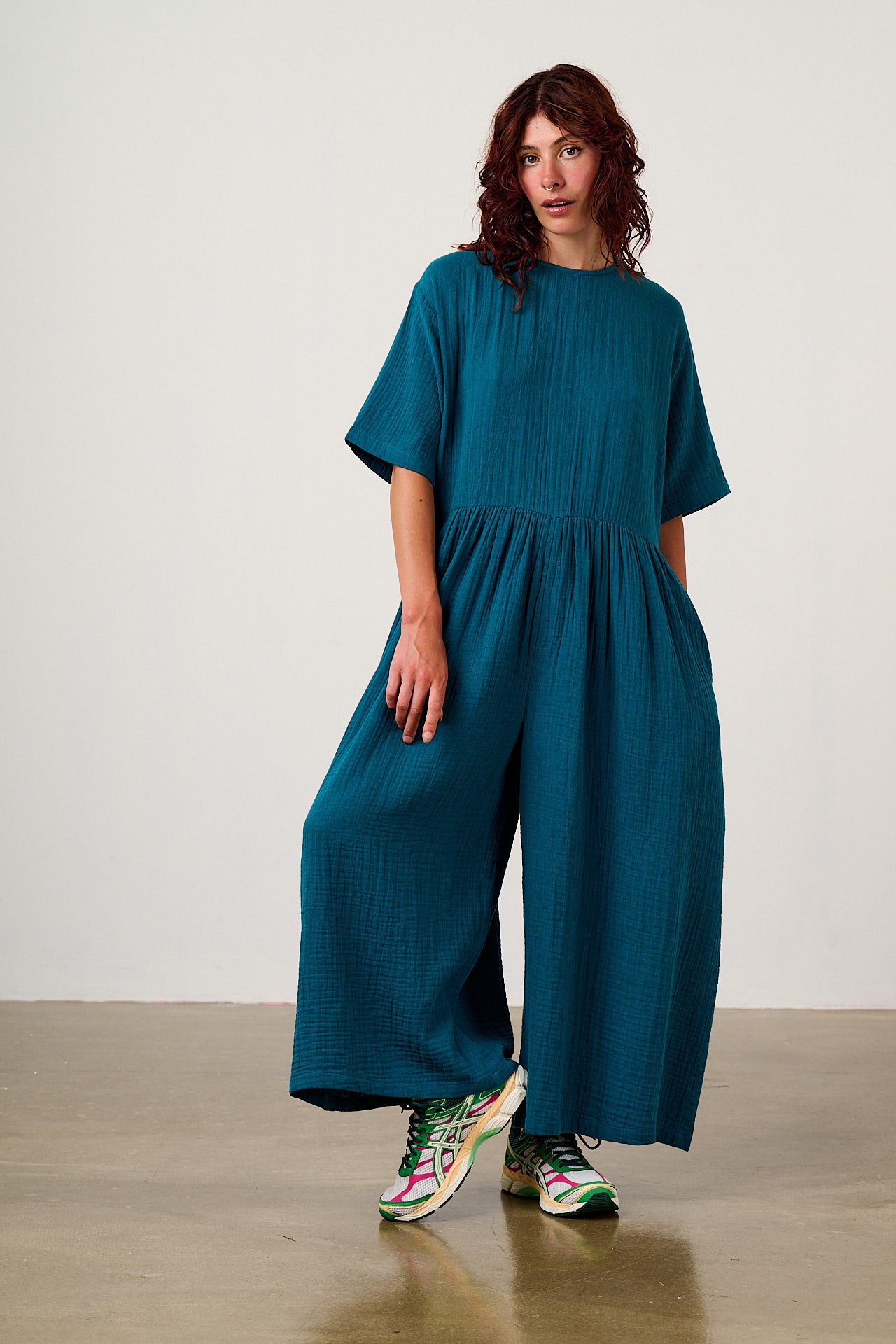 George - Wide Leg Jumpsuit Organic Cotton Double Gauze in Teal