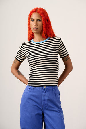 Gracie - Cotton T-Shirt in Black & White Stripe
