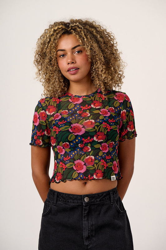 Greta - Cropped Mesh Top in Black Marie Print