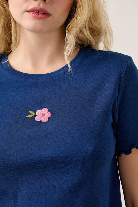 Greta - Cropped Cotton Top in Navy with Flower Embroidery