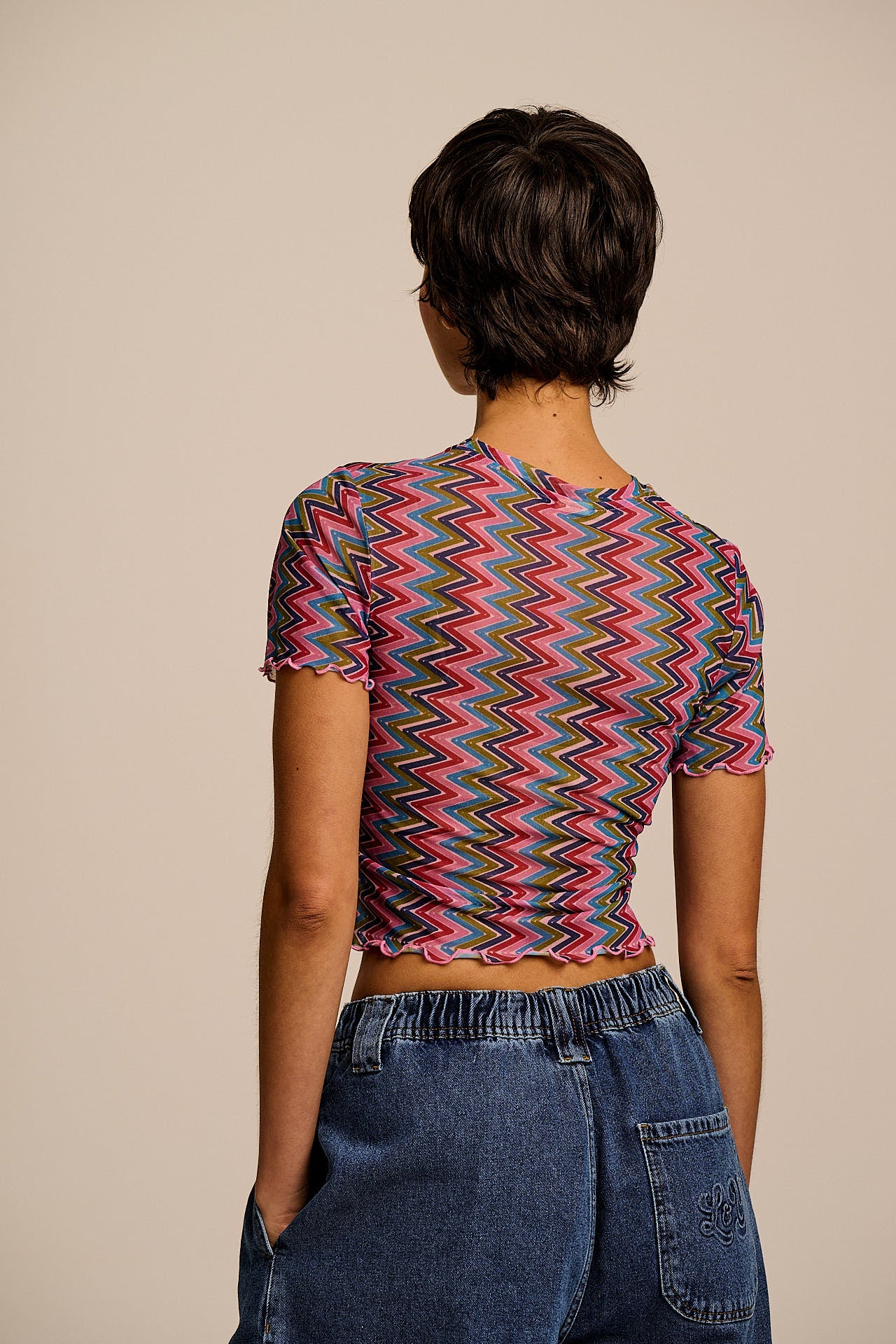 Greta - Cropped Mesh Top in Zig Zag Stripe