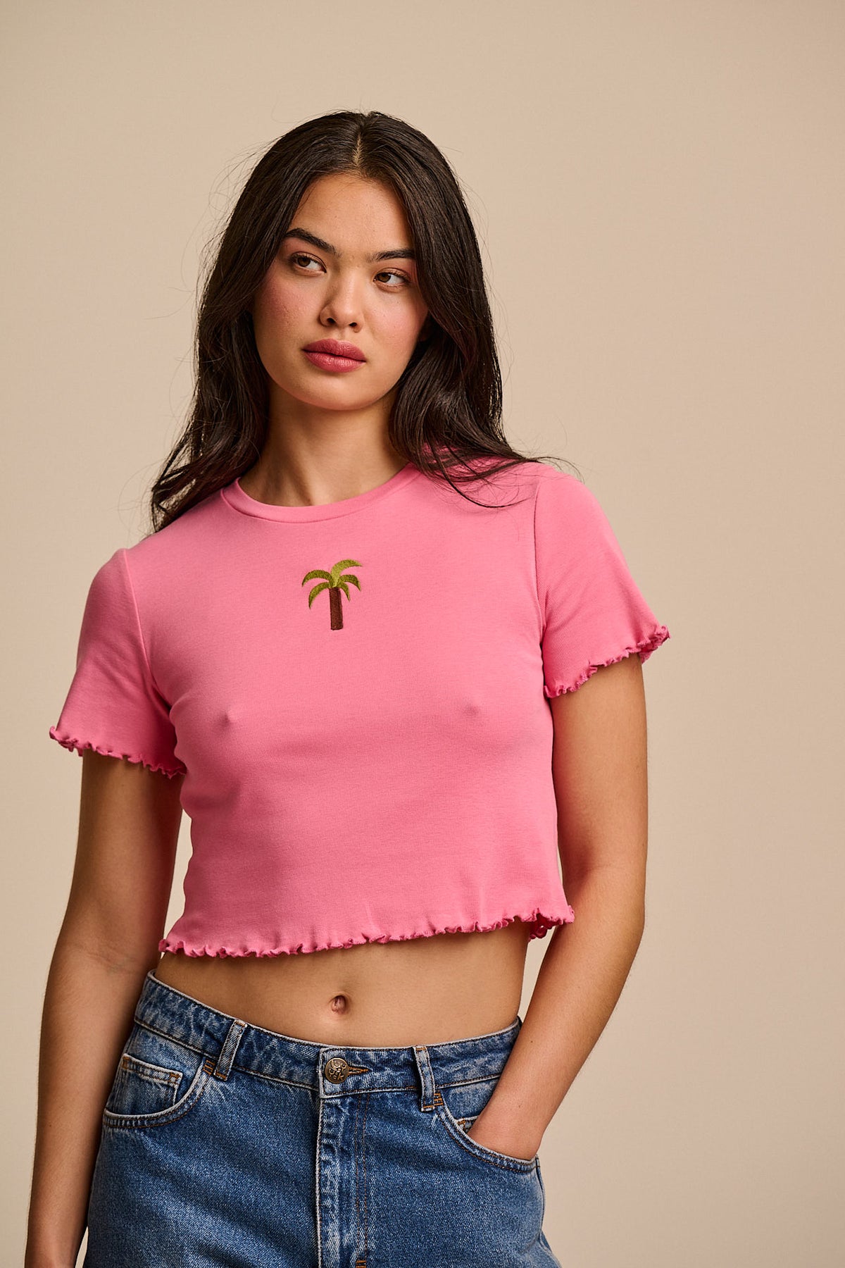 Greta Cropped Cotton Top Palm Embroidery