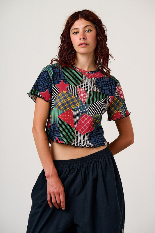 Greta - Cropped Cotton Top in Patchwork Star Print