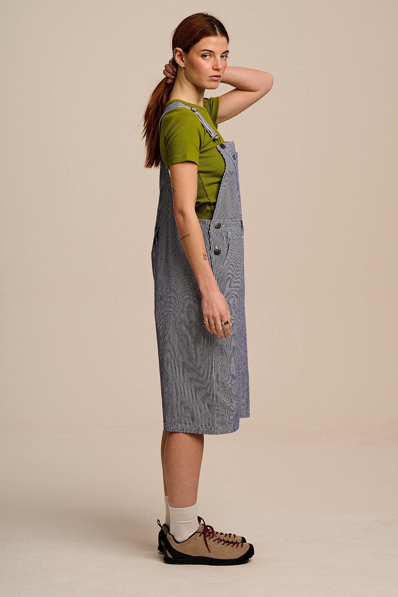 Jara - Cotton Dungarees Shorts in Navy Pinstripe