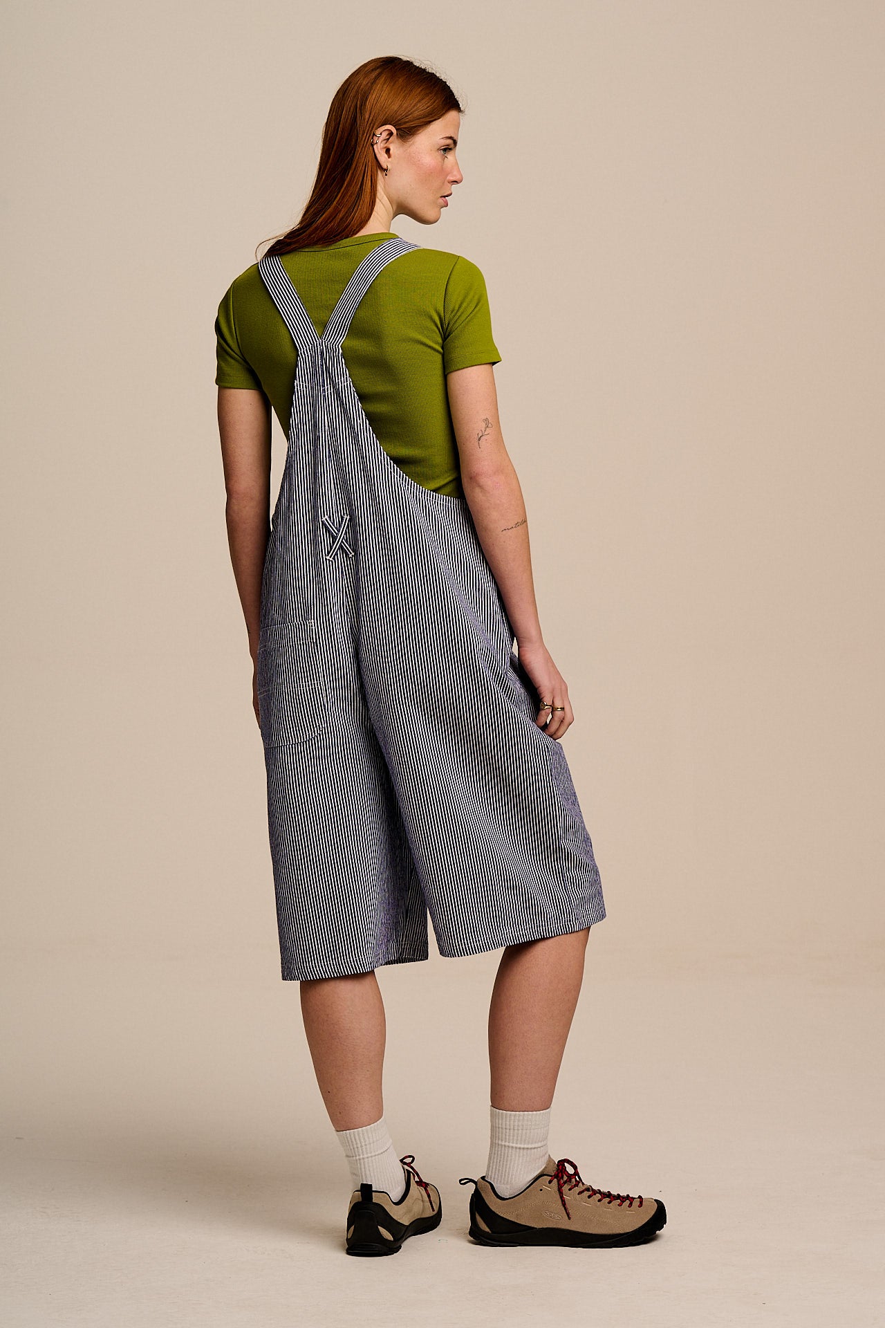 Jara - Cotton Dungarees Shorts in Navy Pinstripe