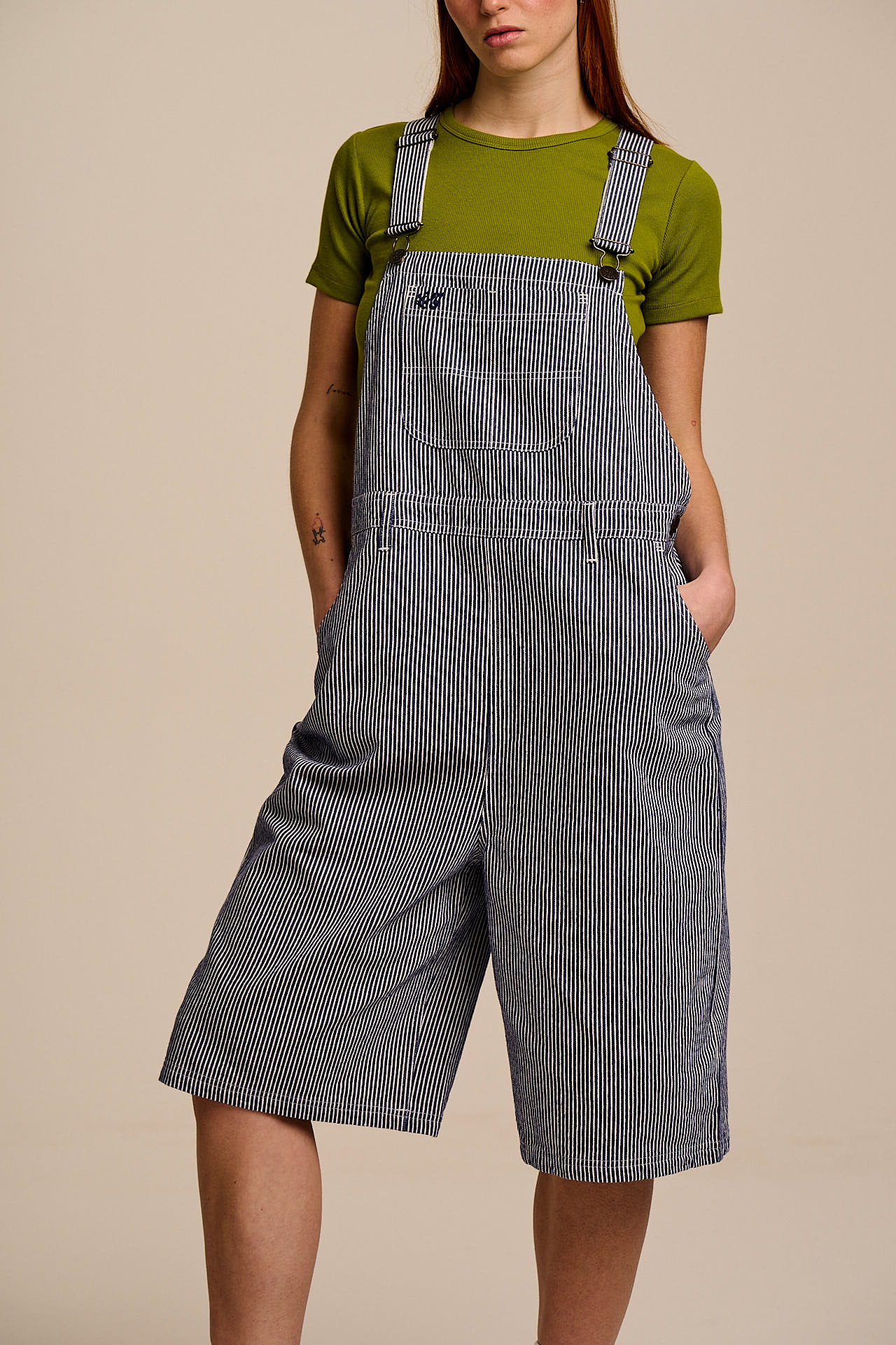 Jara - Cotton Dungarees Shorts in Navy Pinstripe