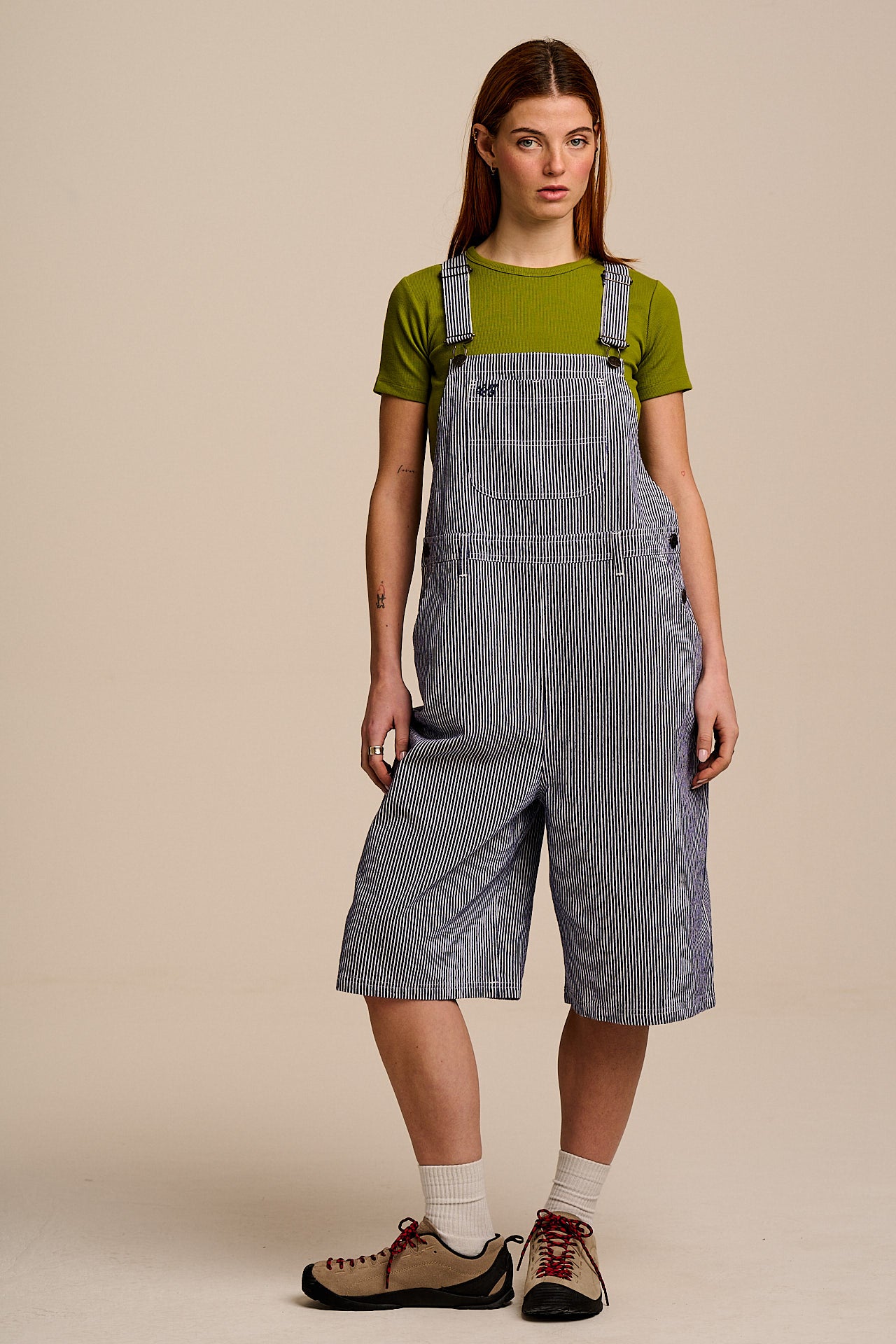 Jara - Cotton Dungarees Shorts in Navy Pinstripe