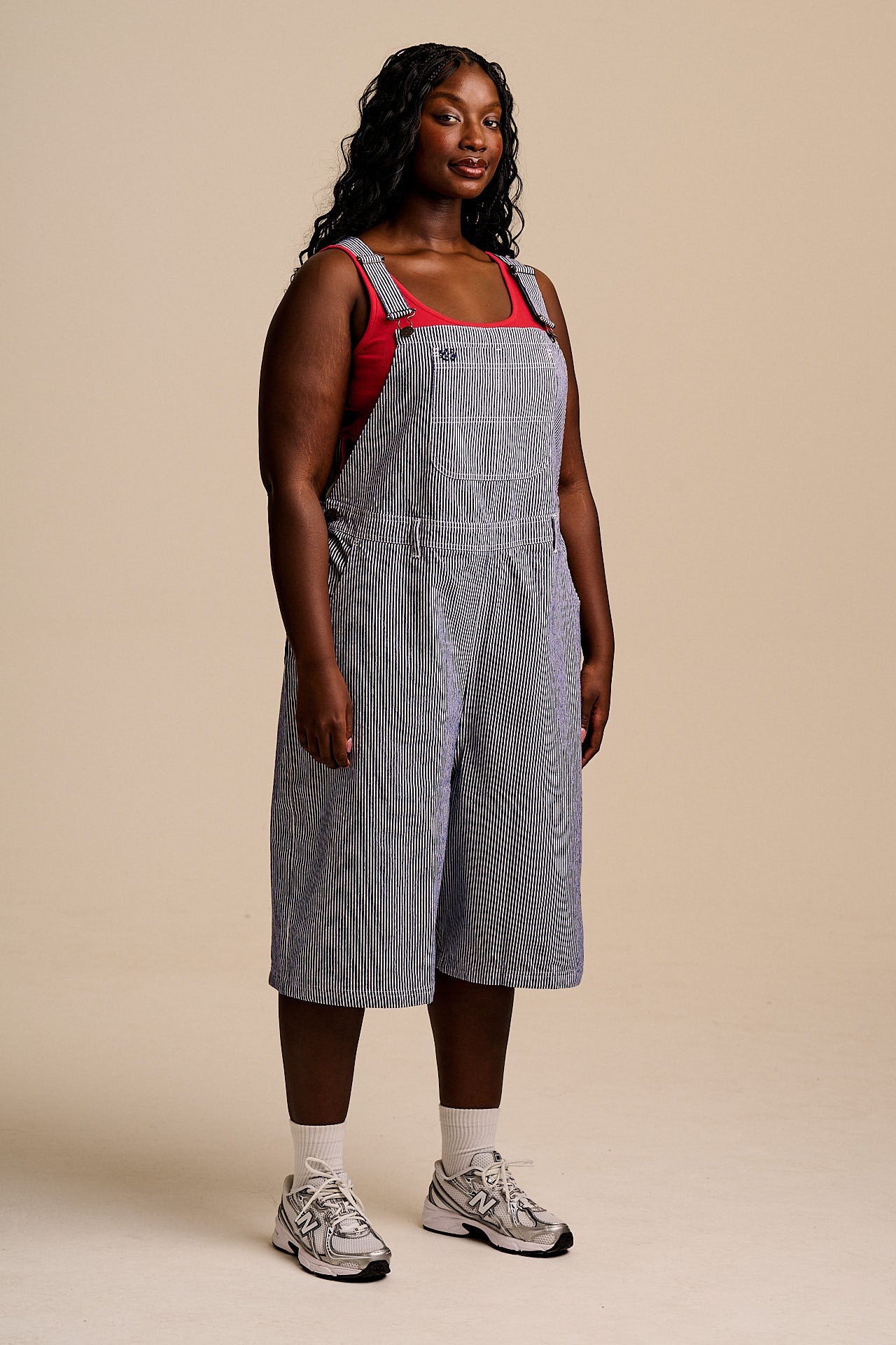 Jara - Cotton Dungarees Shorts in Navy Pinstripe