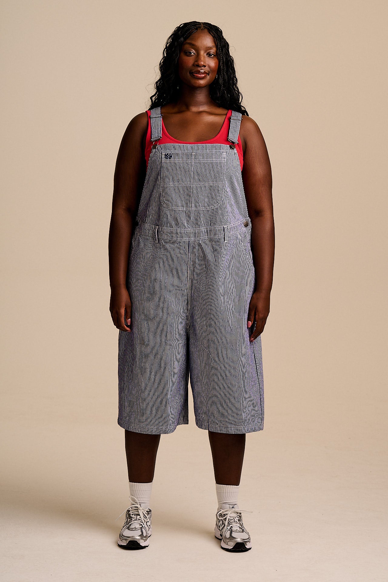 Jara - Cotton Dungarees Shorts in Navy Pinstripe