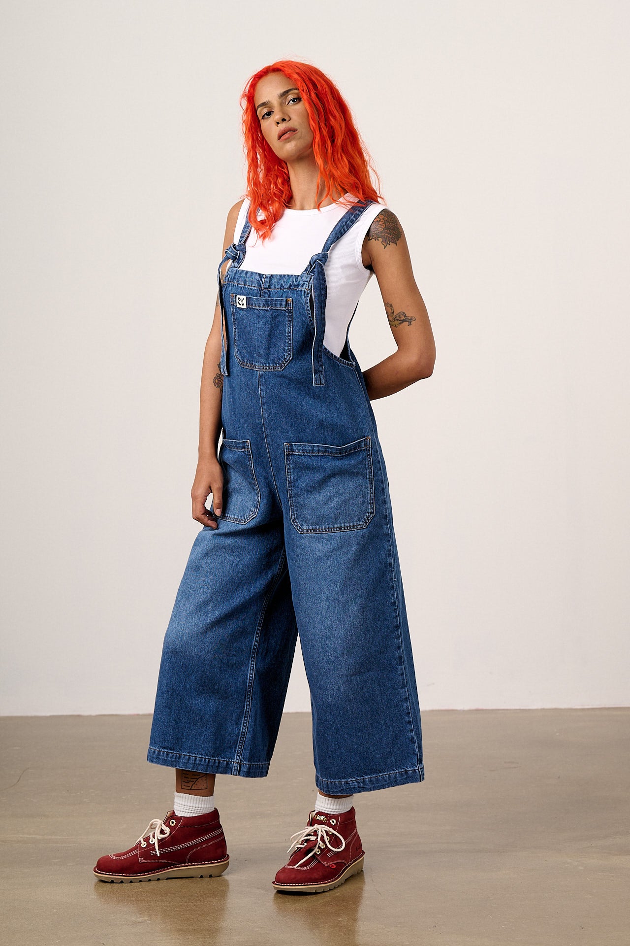 Lucy & Yak Jenny Organic Denim Wide Leg Dungaree in Vintage Wash