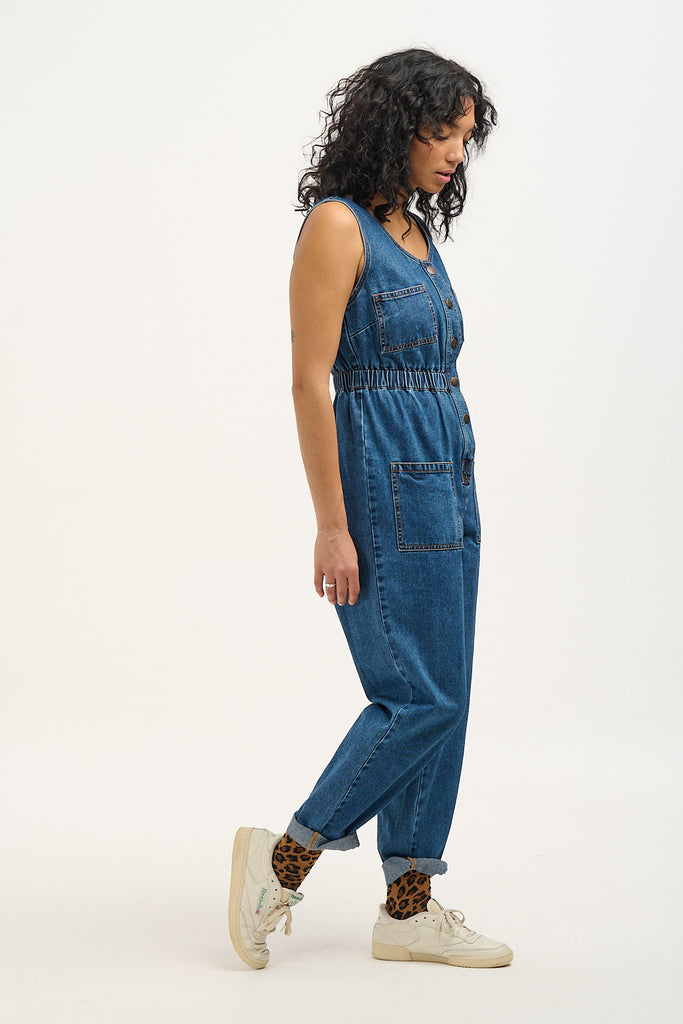 Juni - Denim Jumpsuit in Mid Wash Blue