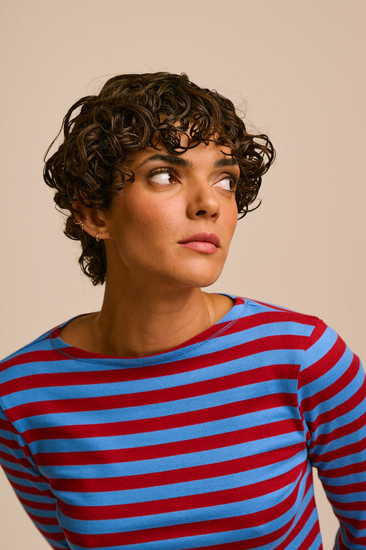 Laia Breton - Long Sleeve Boat Neck Top in Heavy Weight Organic Cotton and Burgundy Blue Stripe
