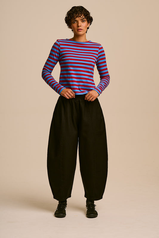 Laia Breton - Long Sleeve Boat Neck Cotton Top in Burgundy and Blue Stripe