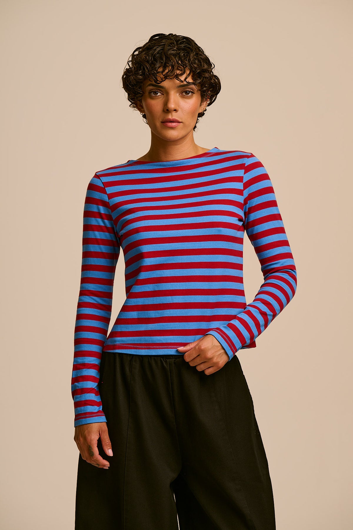Laia Breton - Long Sleeve Boat Neck Cotton Top in Burgundy and Blue Stripe