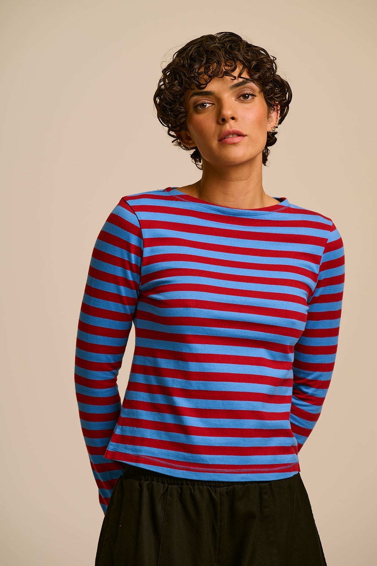 Laia Breton - Long Sleeve Boat Neck Cotton Top in Burgundy and Blue Stripe