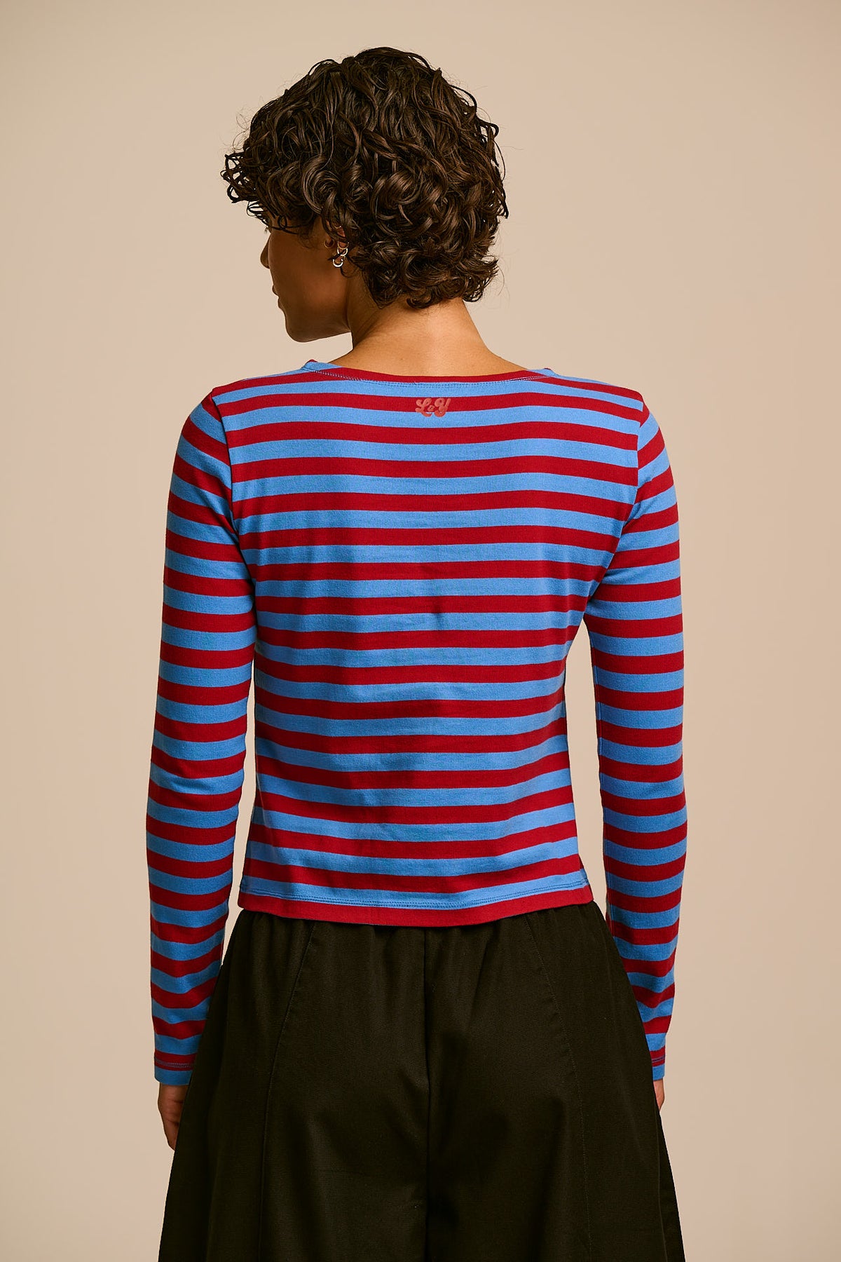 Laia Breton - Long Sleeve Boat Neck Cotton Top in Burgundy and Blue Stripe