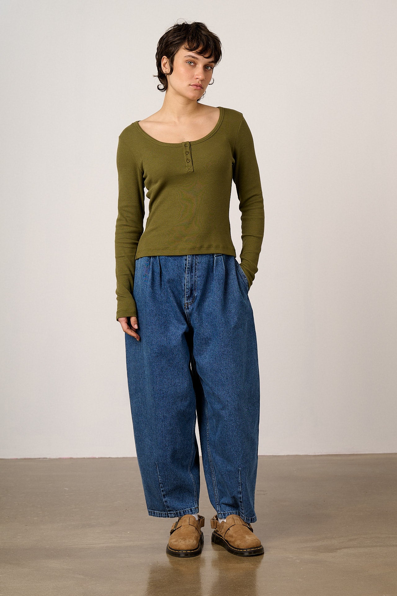 Lana - Cotton Long Sleeve Rib Top in Khaki