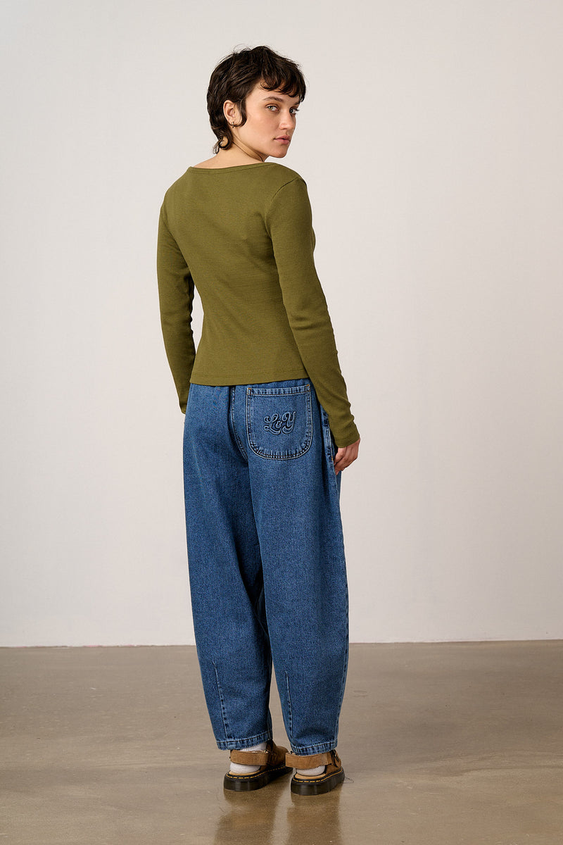 Lana - Cotton Long Sleeve Rib Top in Khaki