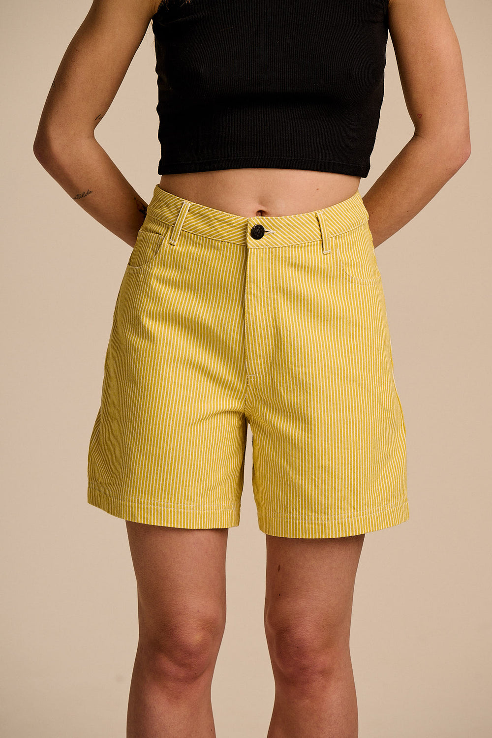 Lexi -  High Waist Cotton Shorts in Lemon Hickory Stripe