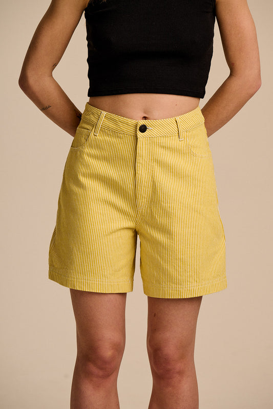 Lexi -  High Waist Cotton Shorts in Lemon Hickory Stripe