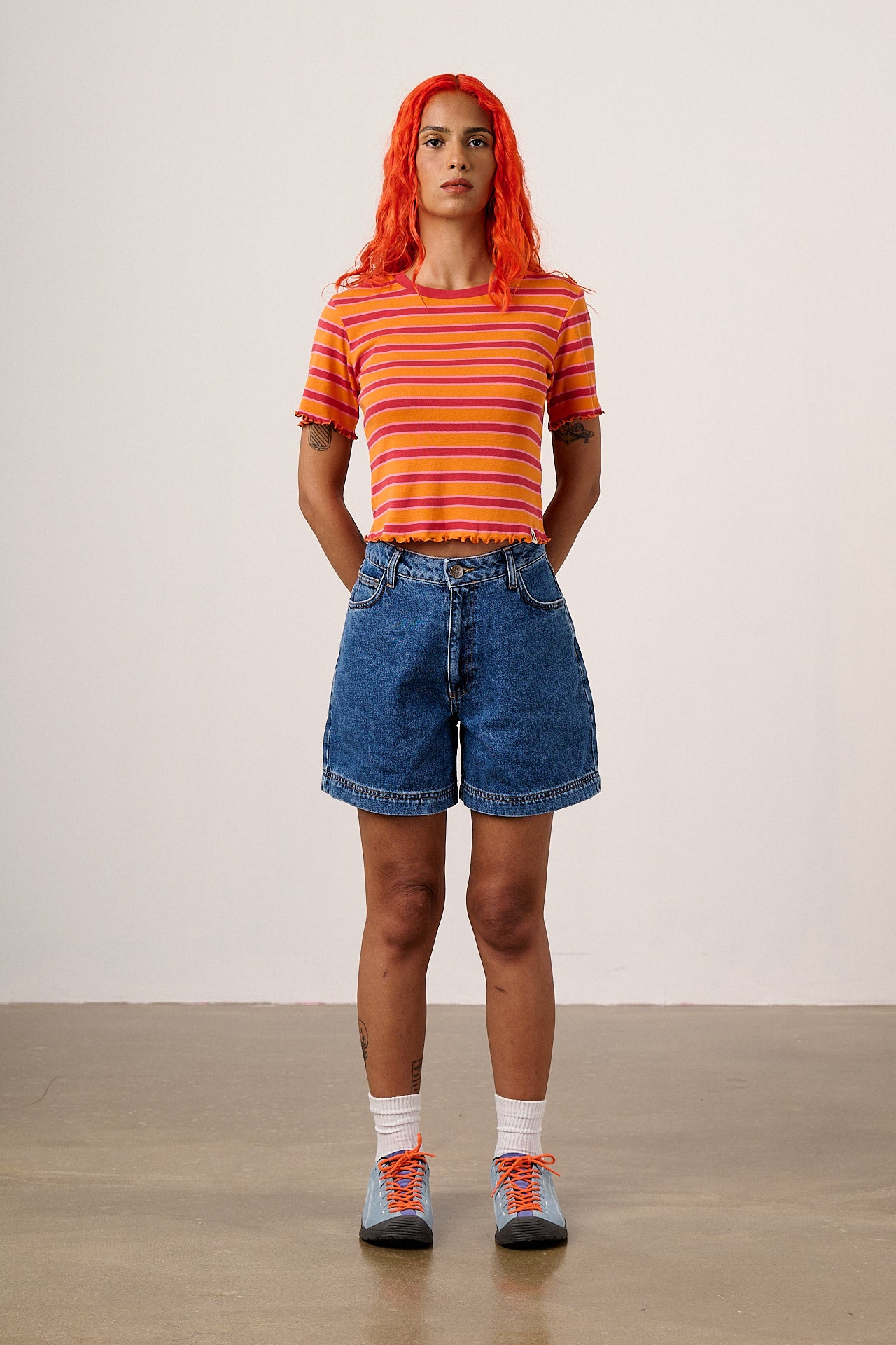 Lexi - Denim High Waist Shorts in Mid Wash Blue