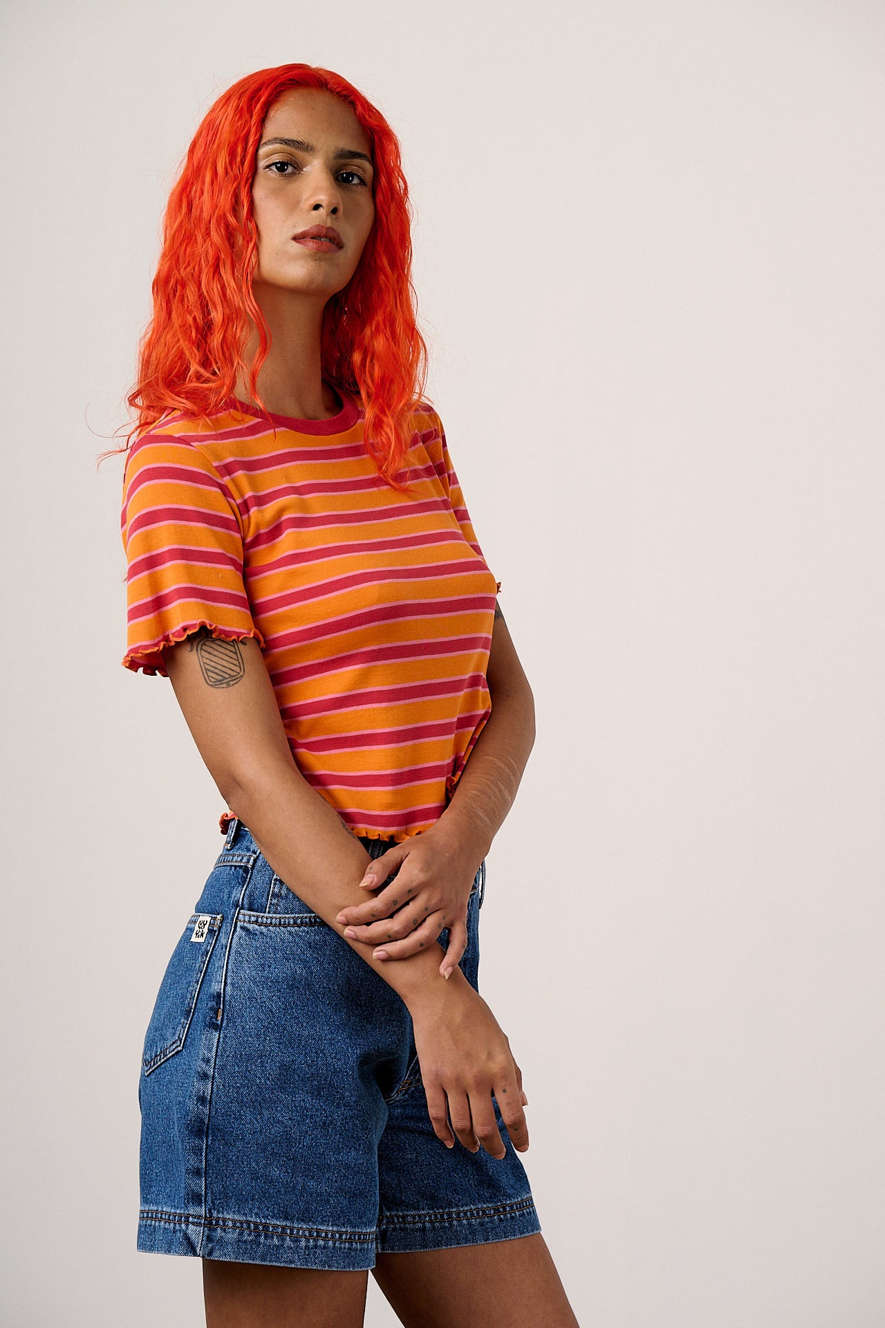 Lexi - Denim High Waist Shorts in Mid Wash Blue