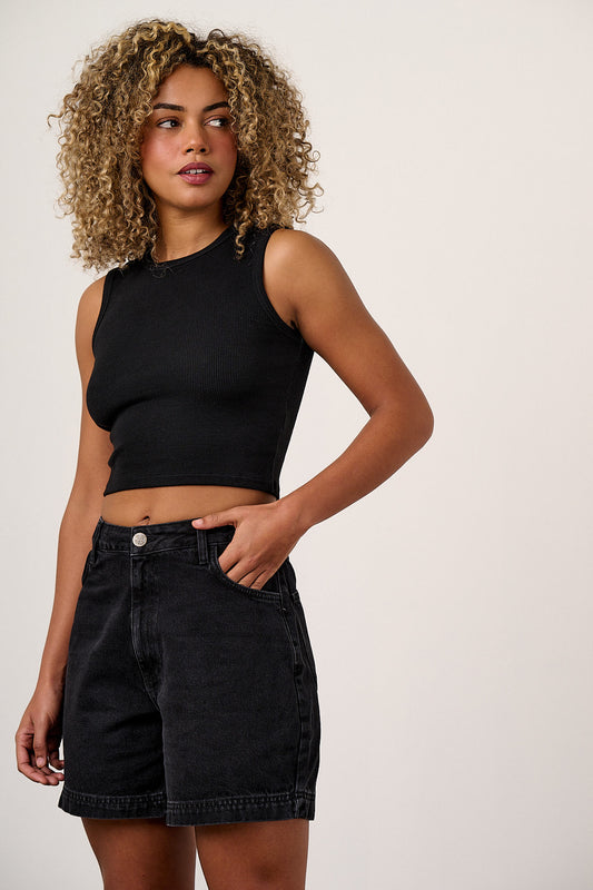 Lexi - Denim High Waist Shorts in Black Wash