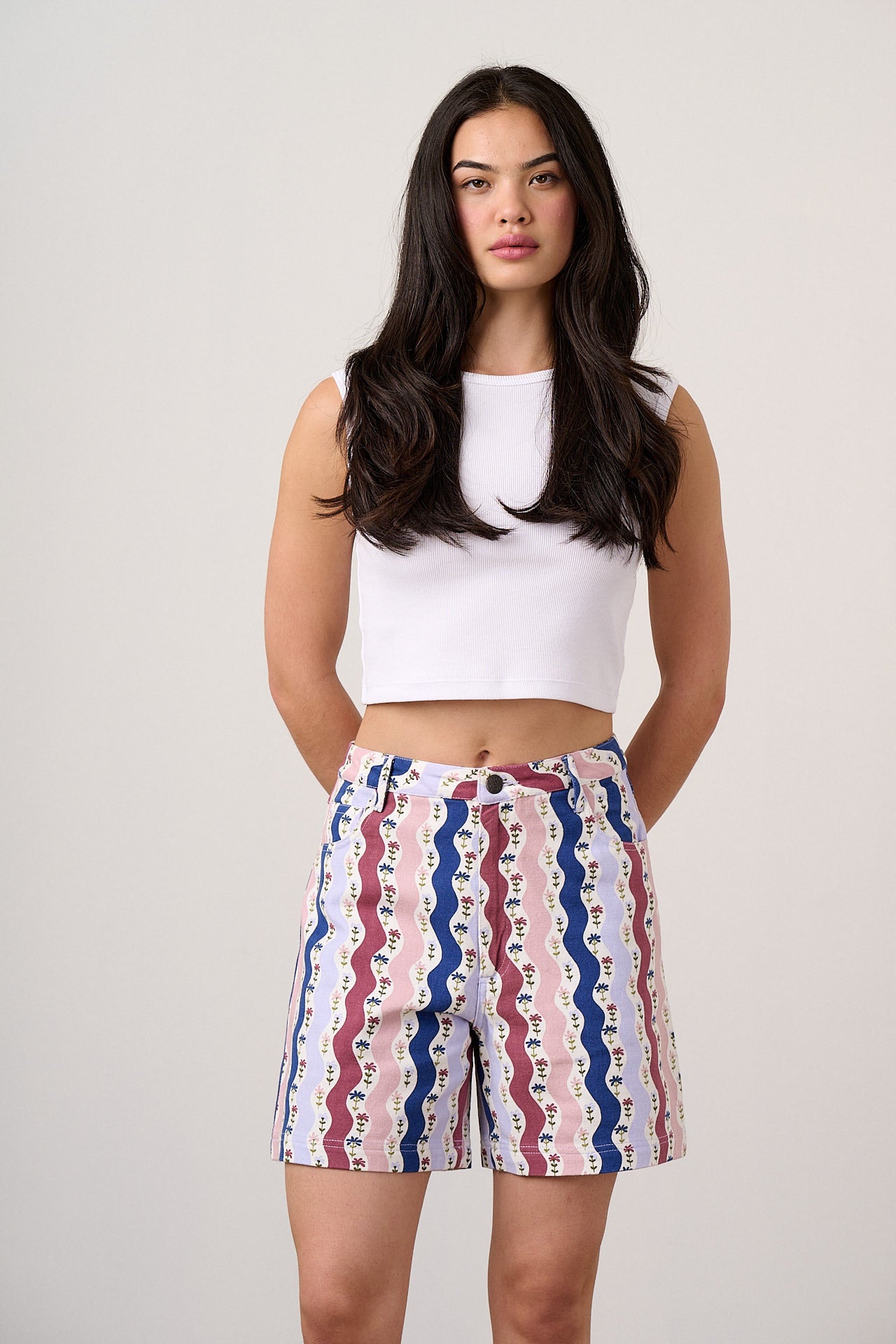 Lexi High Waist Cotton Shorts Wavy Floral Stripe