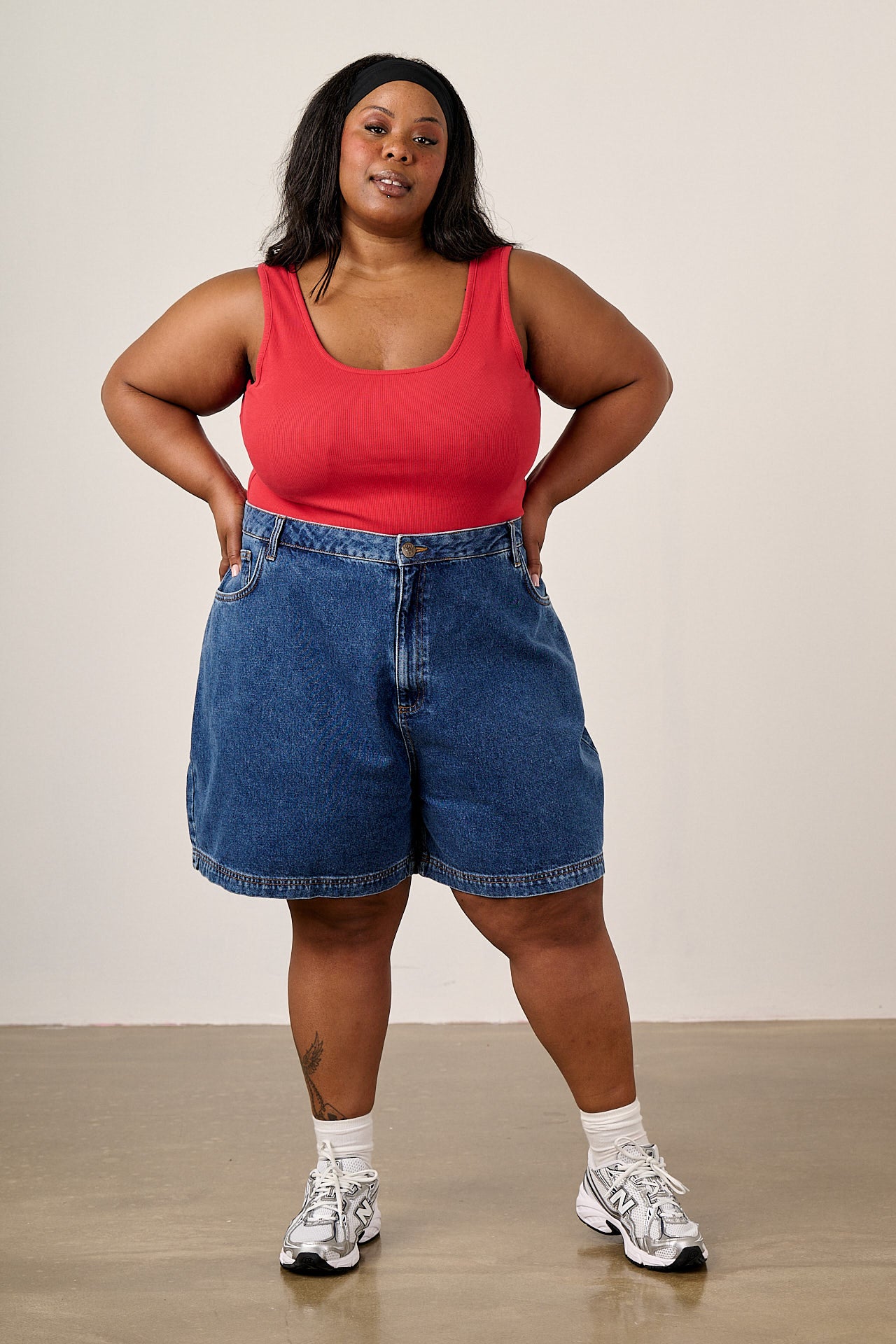 Lexi - Denim High Waist Shorts in Mid Wash Blue