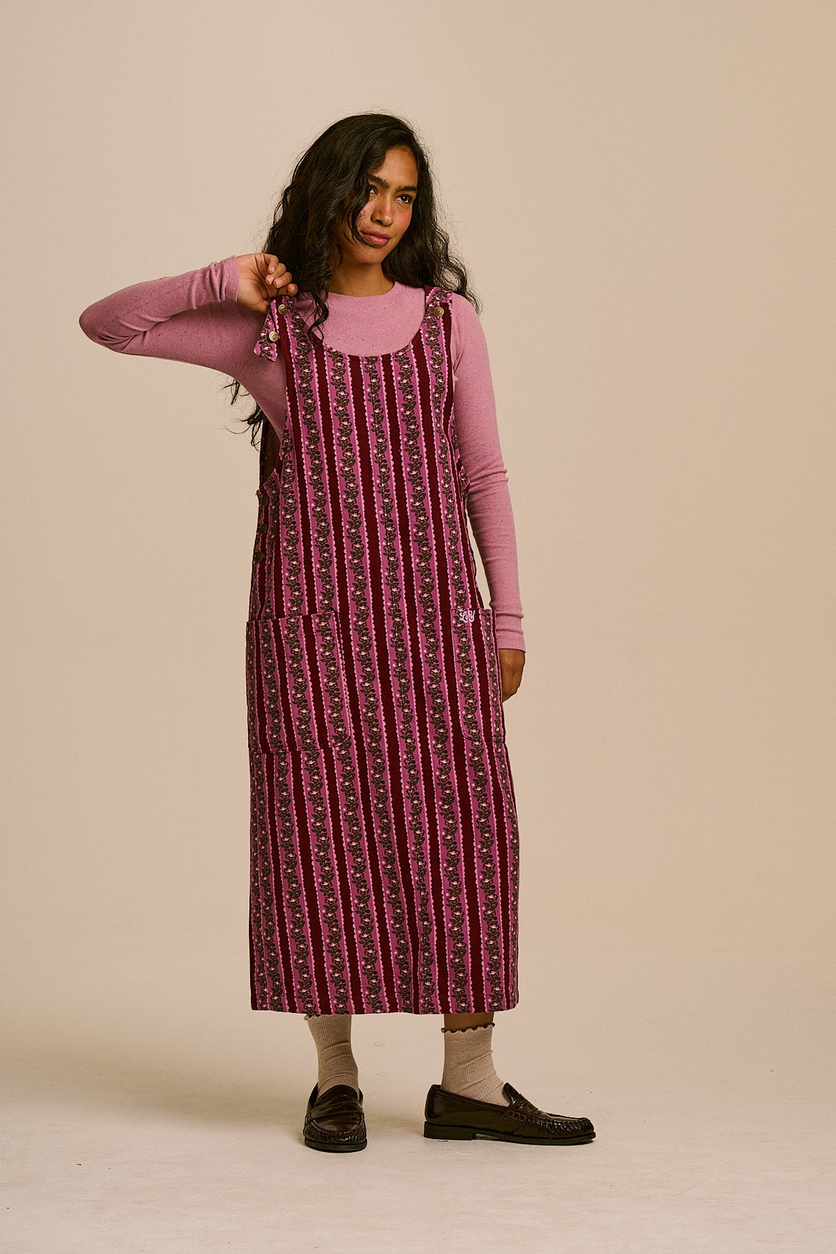 Lily - Cotton Midi Dress in Folk Floral Stripe