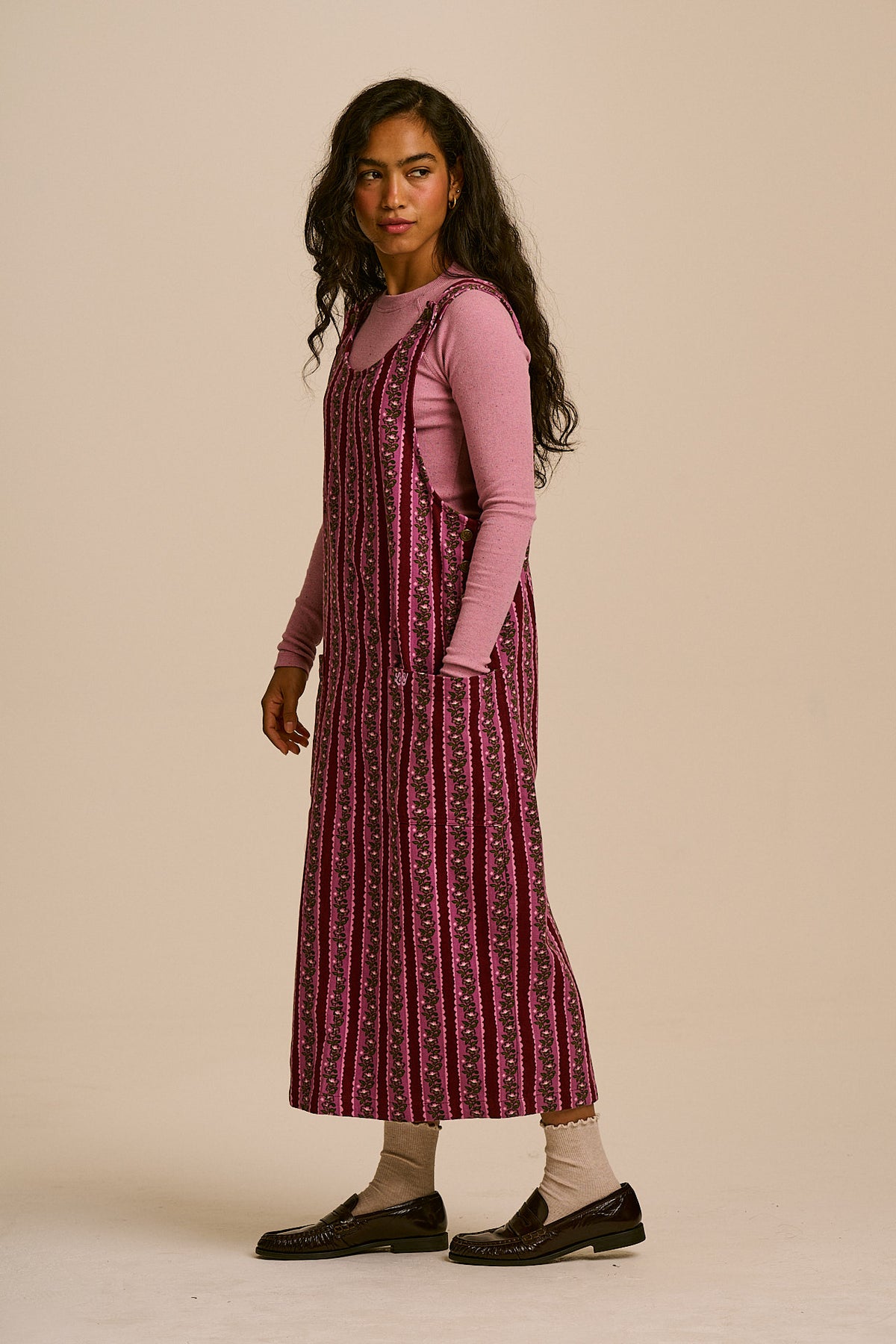Lily - Cotton Midi Dress in Folk Floral Stripe