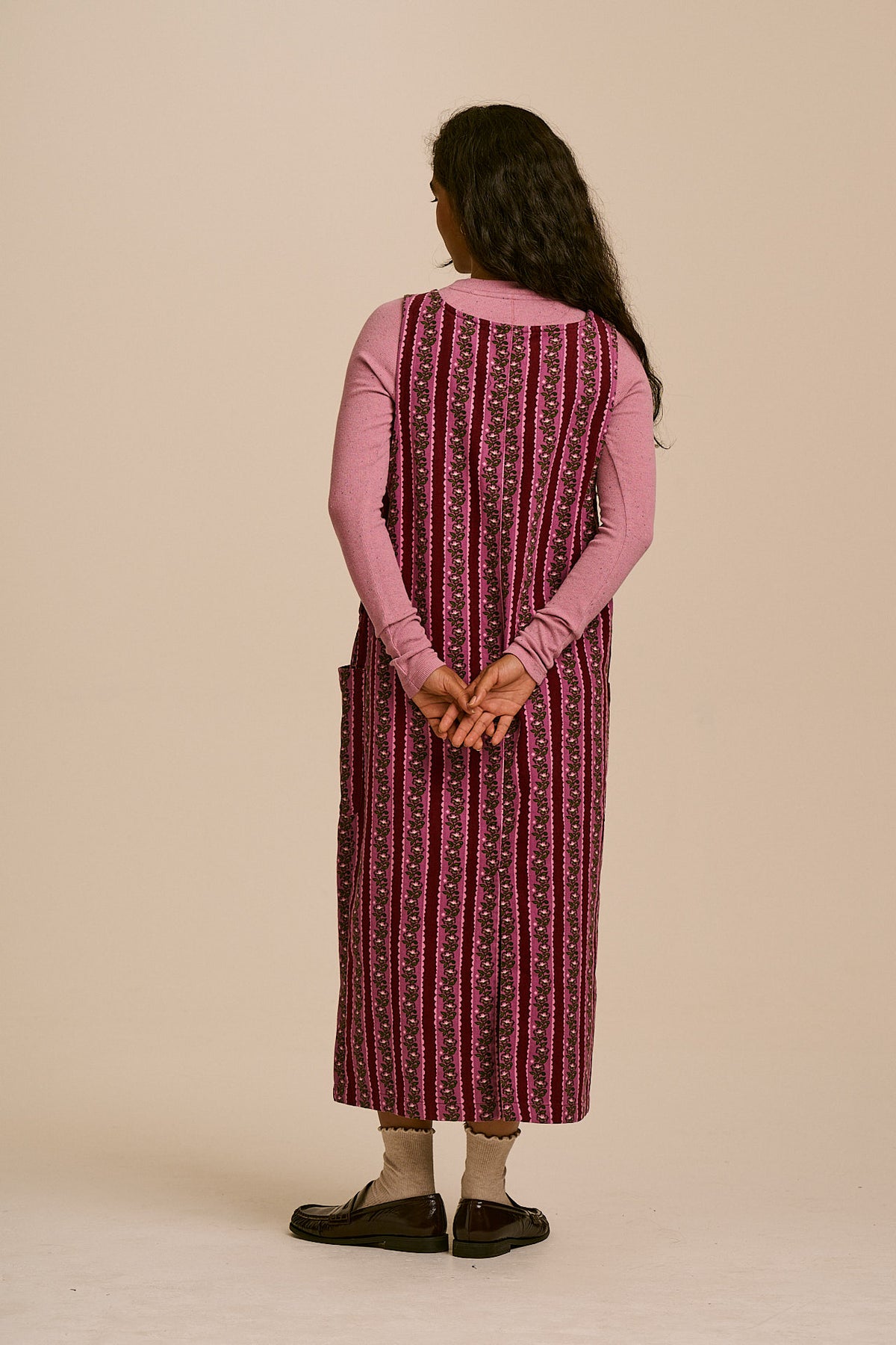 Lily - Cotton Midi Dress in Folk Floral Stripe