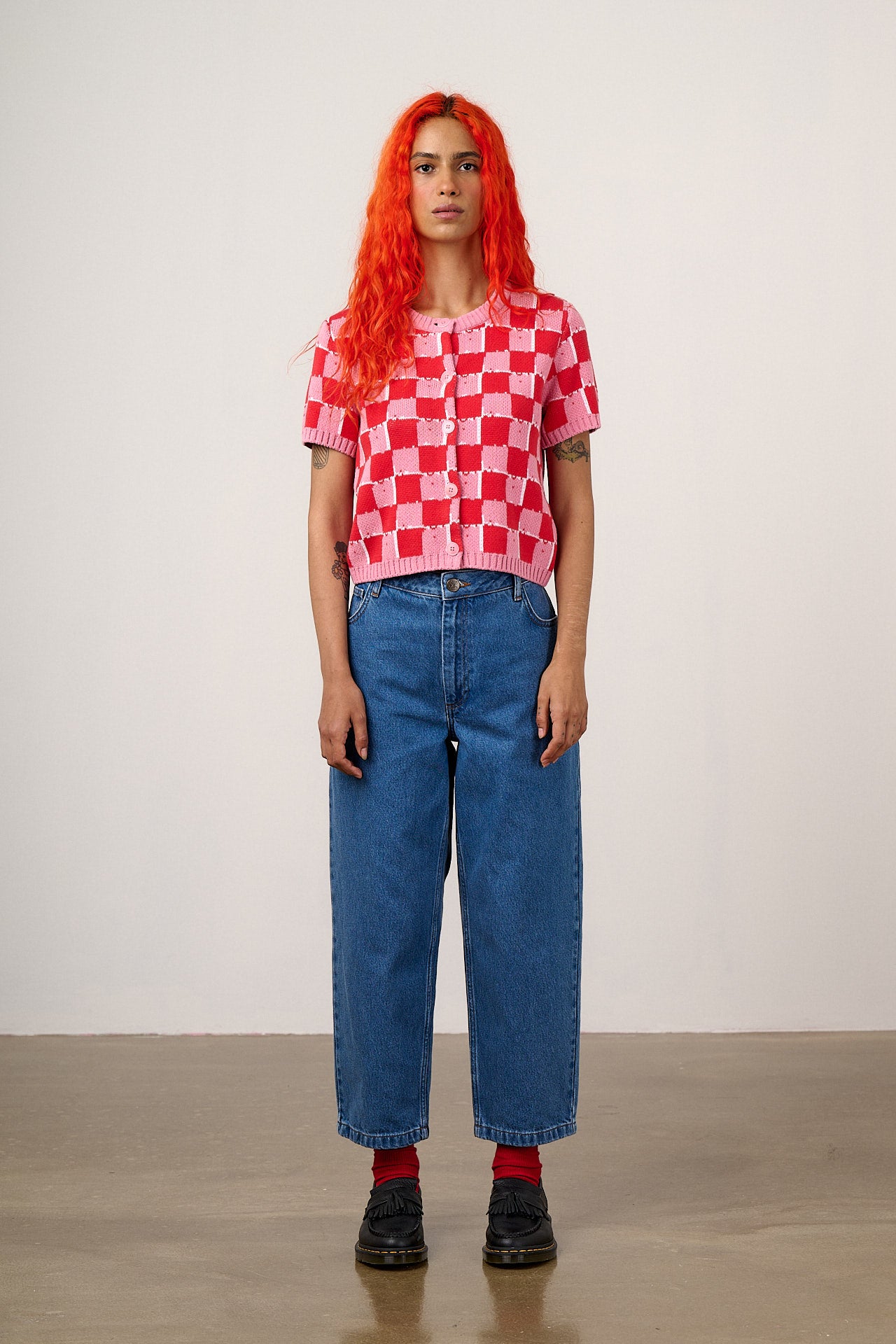 Lizzie - Cotton Short Sleeve Knitted Cardigan in Pink & Red Blurred Checkerboard