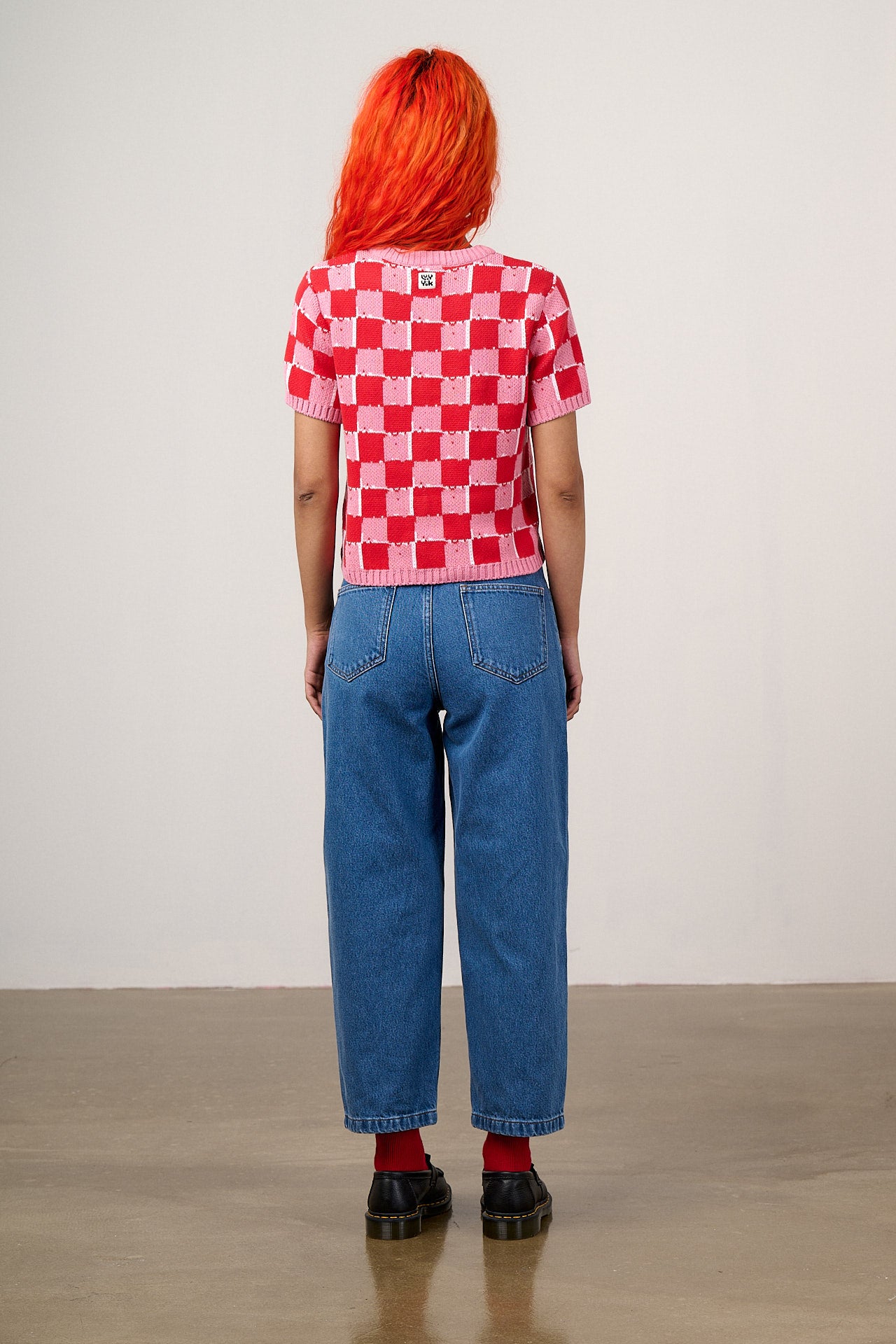 Lizzie - Cotton Short Sleeve Knitted Cardigan in Pink & Red Blurred Checkerboard