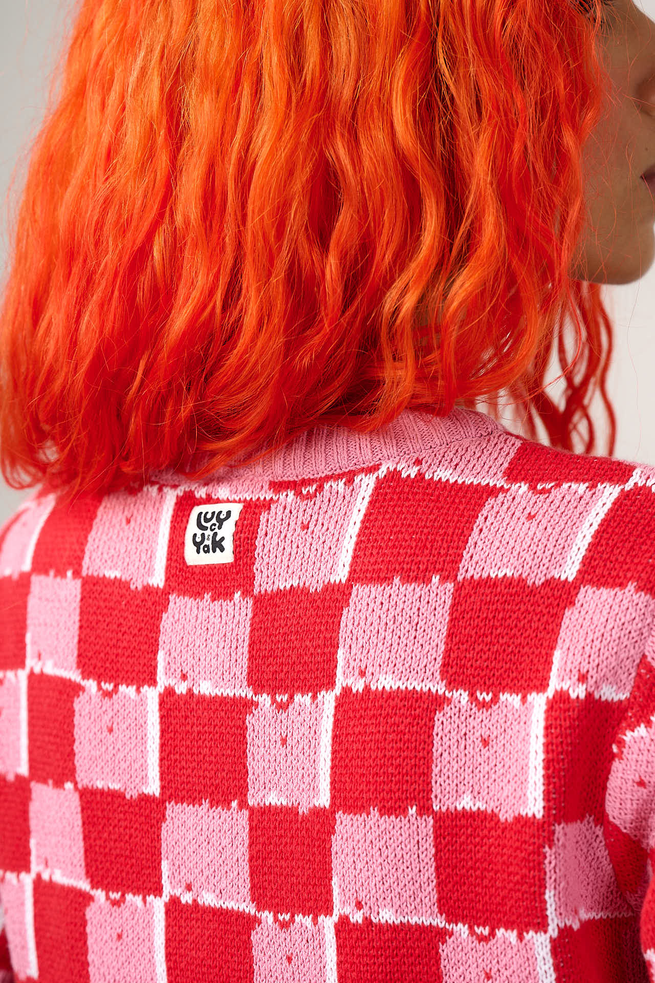 Lizzie - Cotton Short Sleeve Knitted Cardigan in Pink & Red Blurred Checkerboard