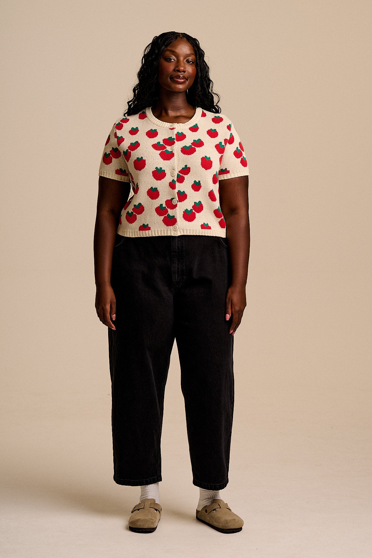 Lizzie - Cotton Short Sleeve Knitted Cardigan in Tomatoes