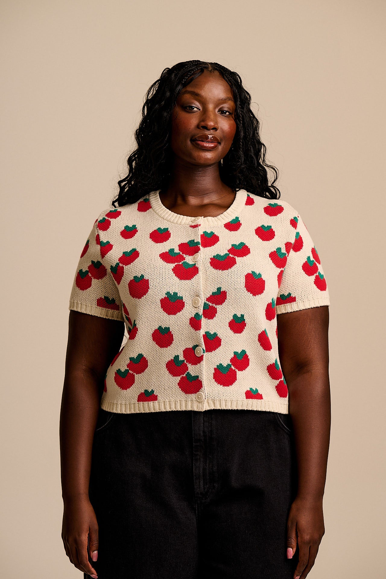 Lizzie - Cotton Short Sleeve Knitted Cardigan in Tomatoes