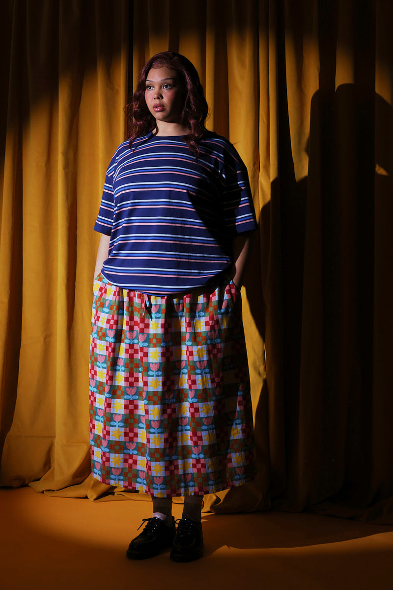 Clara - Cotton & Linen Midi Skirt in Cosmic Folk Tulip Print