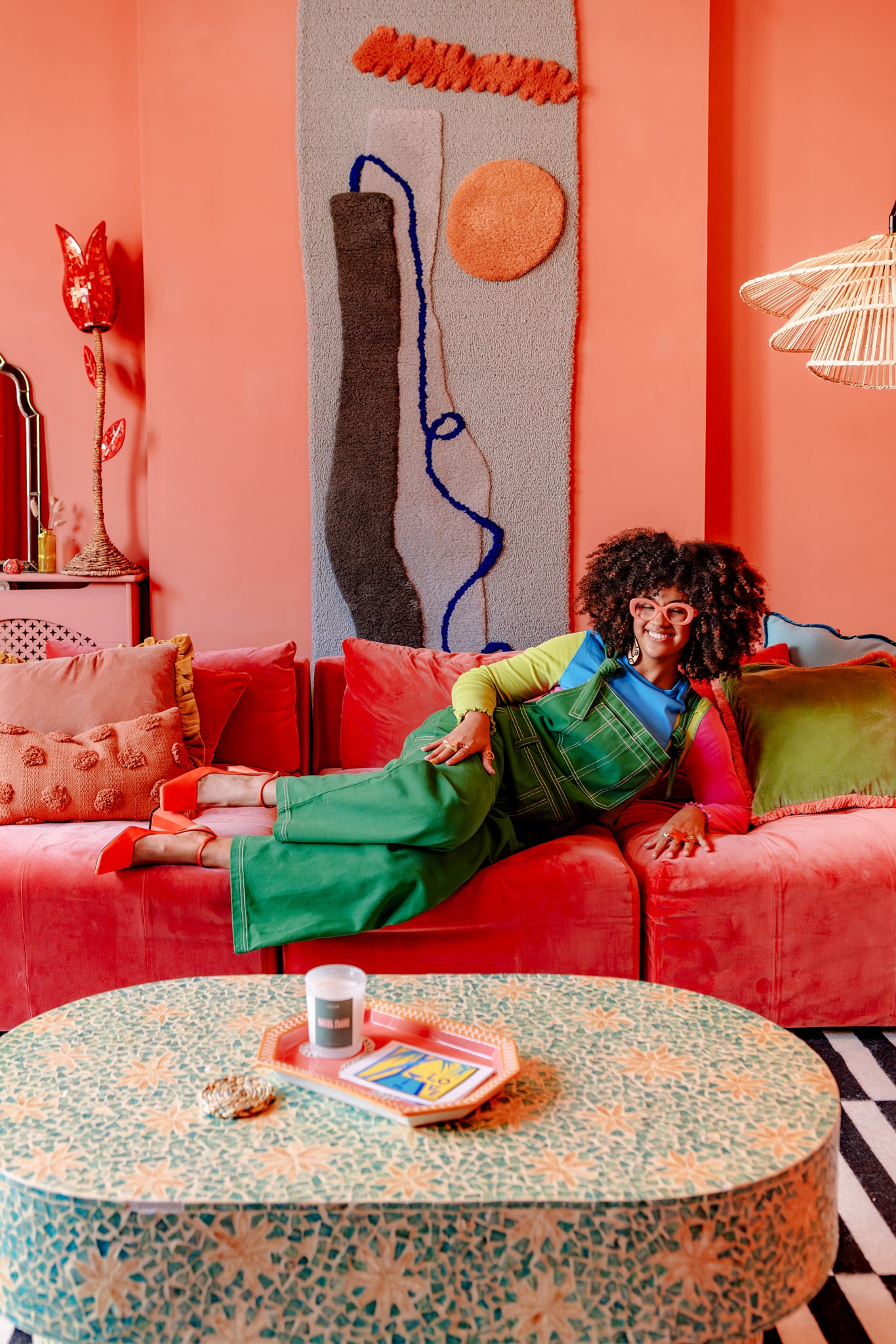 Mullen - Cotton Dungarees in Green Contrast Stitch