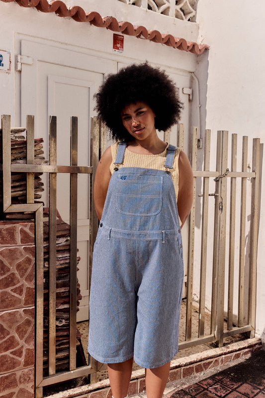 Jara - Cotton Dungarees Shorts in Navy Pinstripe