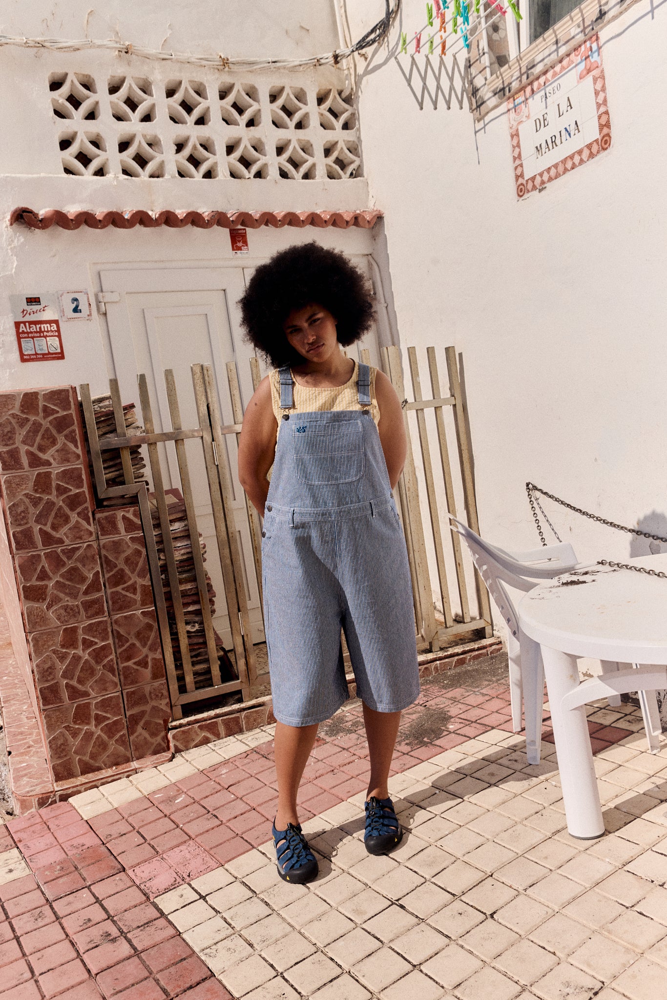 Jara - Cotton Dungarees Shorts in Navy Pinstripe