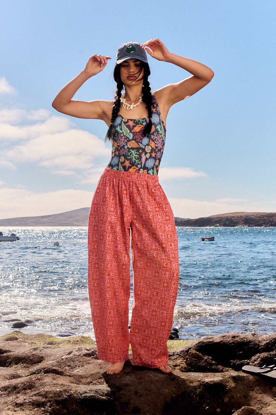 Freddie - Barrel Leg Cotton Trousers in Pink & Red Lunar Checkerboard