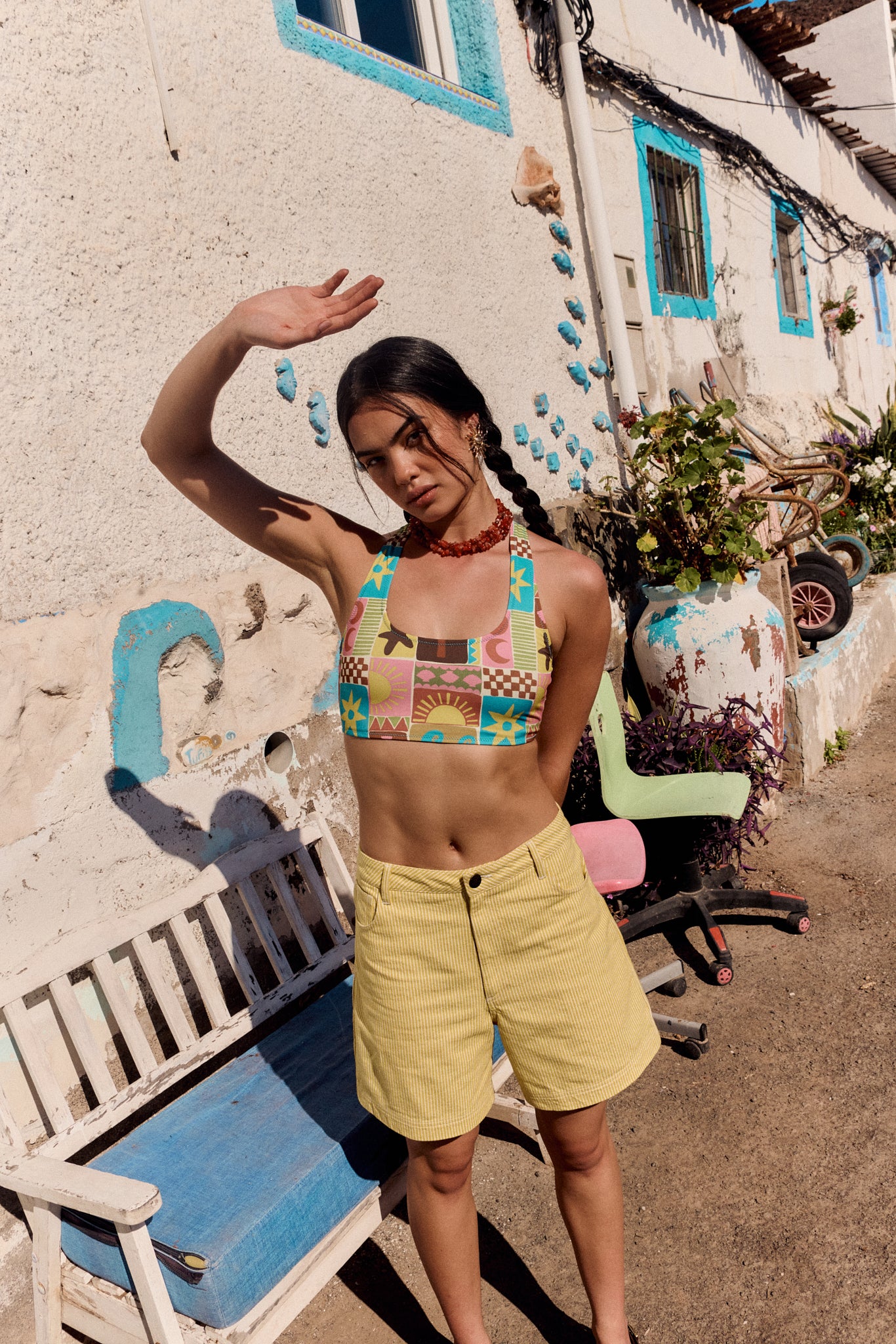 Lexi -  High Waist Cotton Shorts in Lemon Hickory Stripe